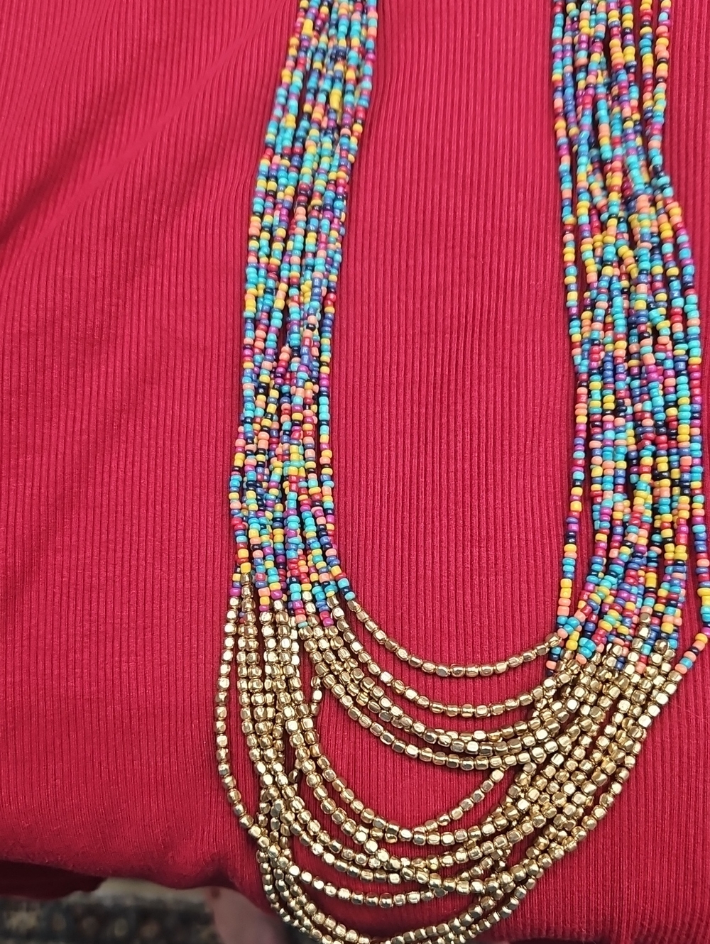 Multi-Color Seed Bead Statement Necklace with Gold Accents